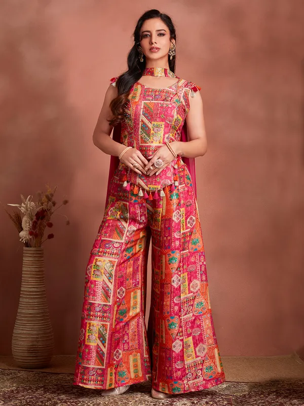 Latest magenta printed silk palazzo suit