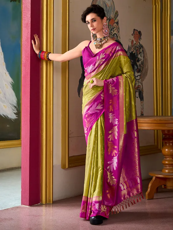 Latest mehendi green festive style saree in soft silk