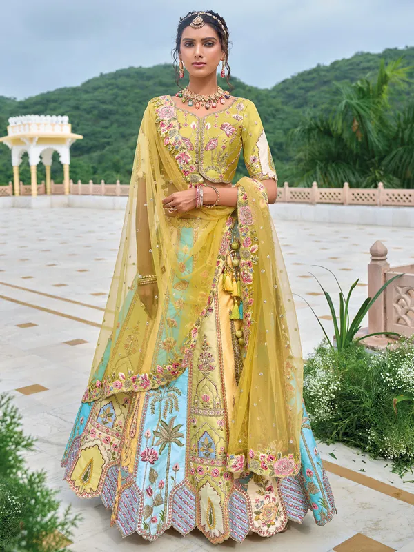 Latest mehendi green silk wedding style lehenga choli