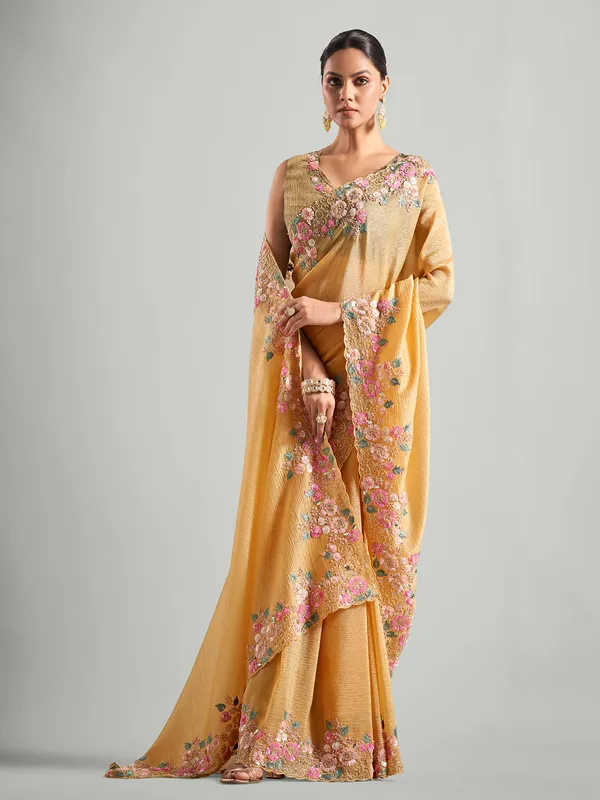 Latest mustard yellow chiffon saree