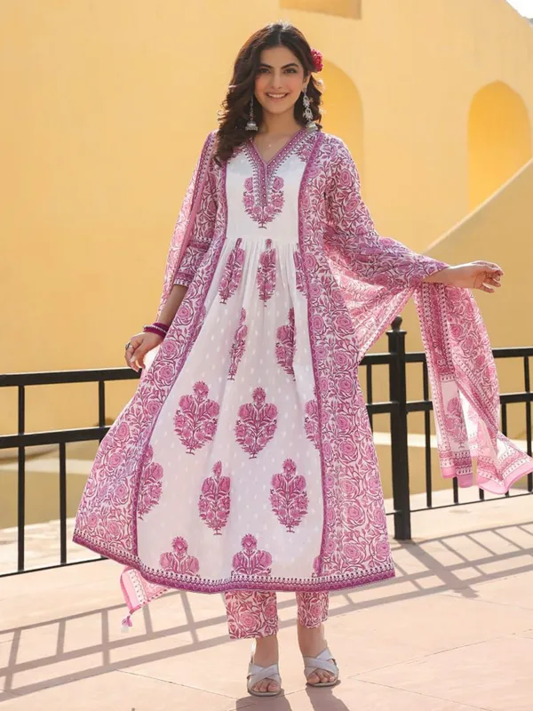 Latest off white and pink cotton printed kurti set