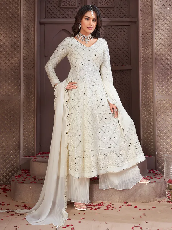 Latest off-white georgette palazzo suit for wedding