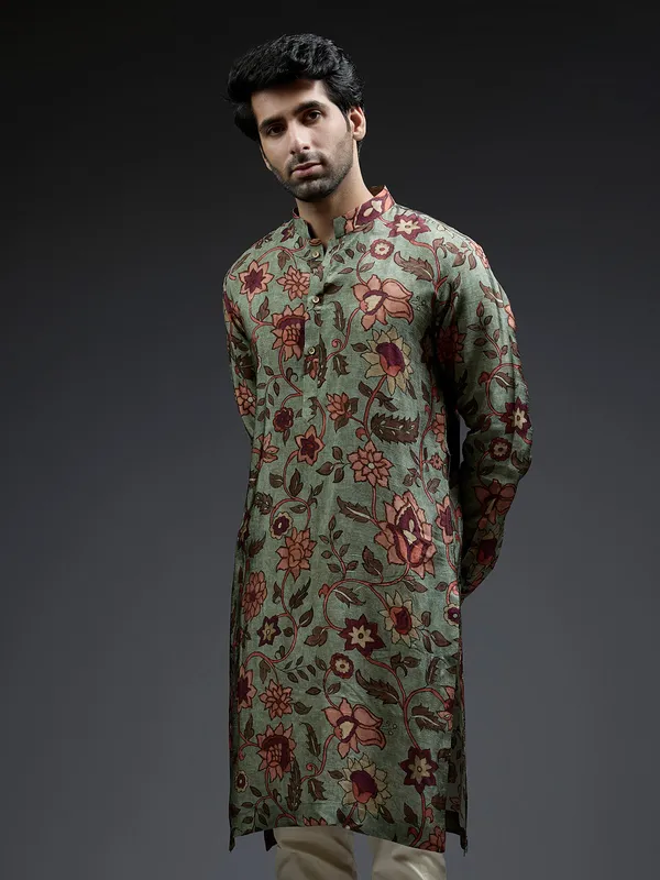 Latest olive flower printed silk kurta suit