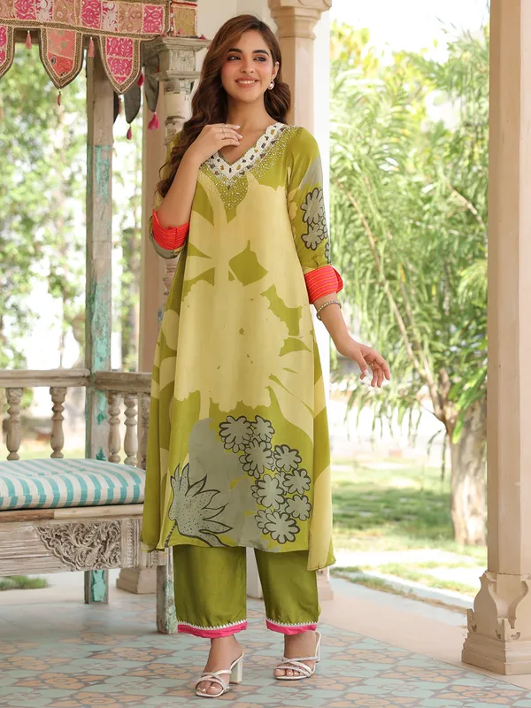 Latest olive printed rayon cotton kurti set