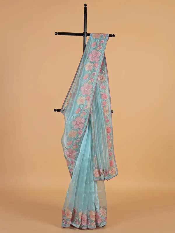 Latest organza saree in sky blue