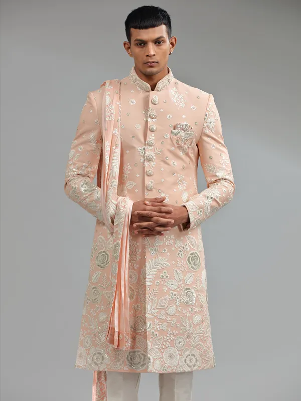 Latest peach floral embroidery silk sherwani