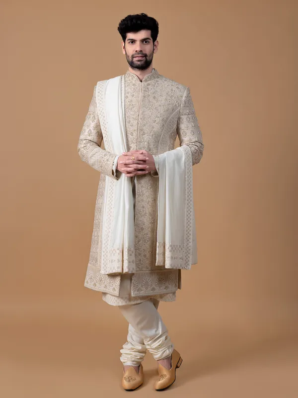 Latest peach raw silk groom sherwani