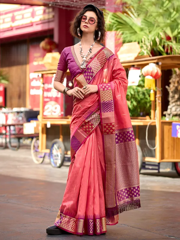 Latest peach saree in banarasi silk
