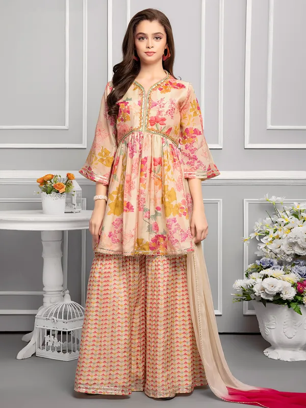 Latest peach silk printed sharara set