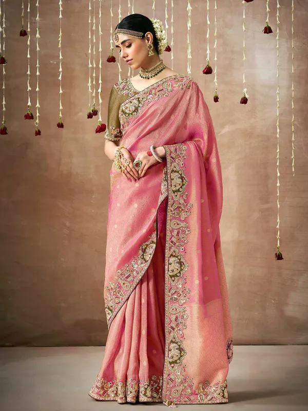 Latest pink saree in dola silk