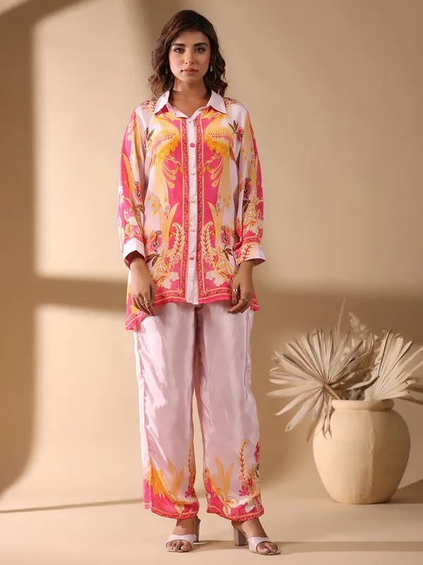 Latest pink satin silk printed co-ord set
