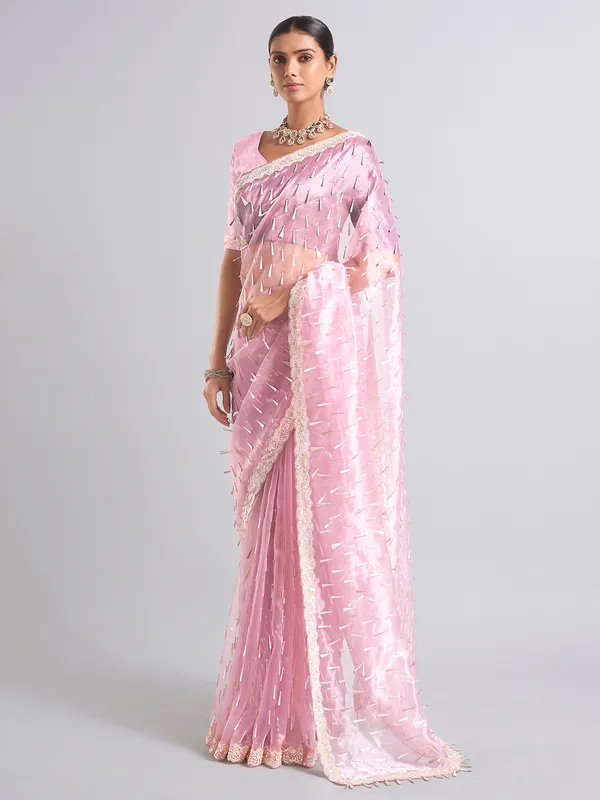 Latest pink tissue silk saree for receptions