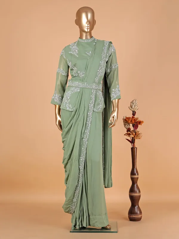 Latest pista green georgette pre-stitched saree