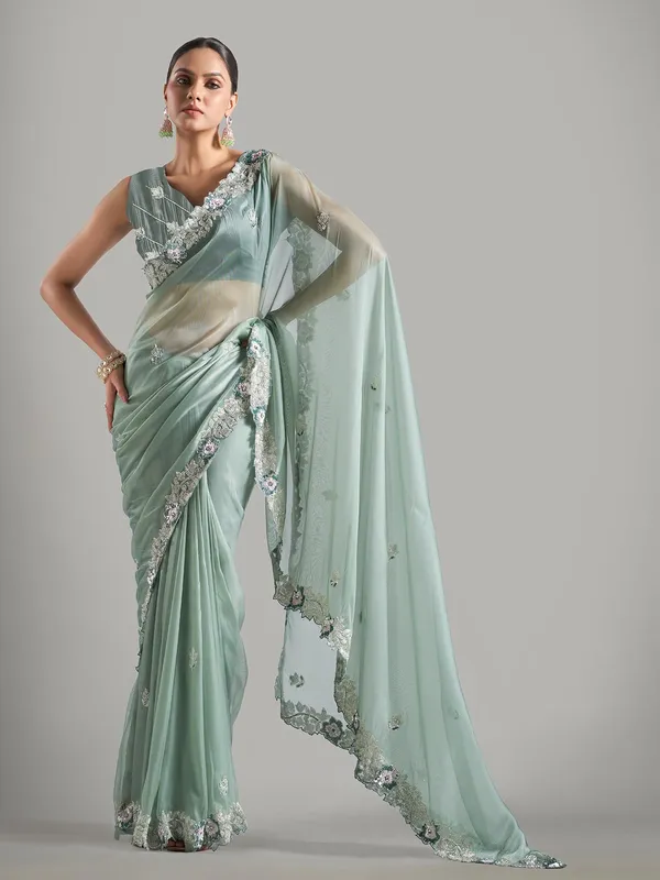 Latest pista green tissue silk unstitched saree