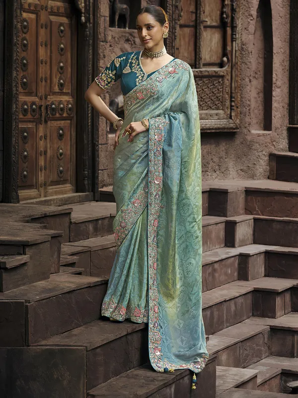 Latest pista green wedding style saree