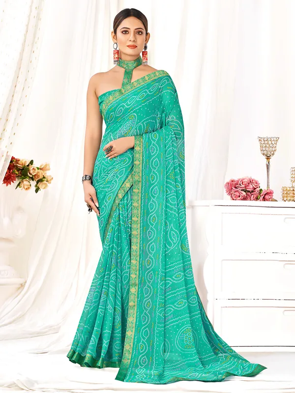 Latest rama green bandhani printed saree