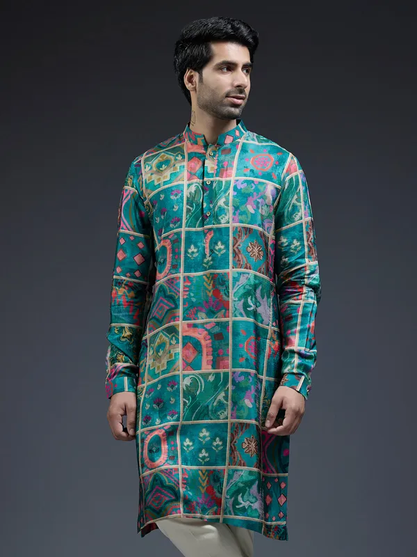 Latest rama green silk ethnic printed kurta suit