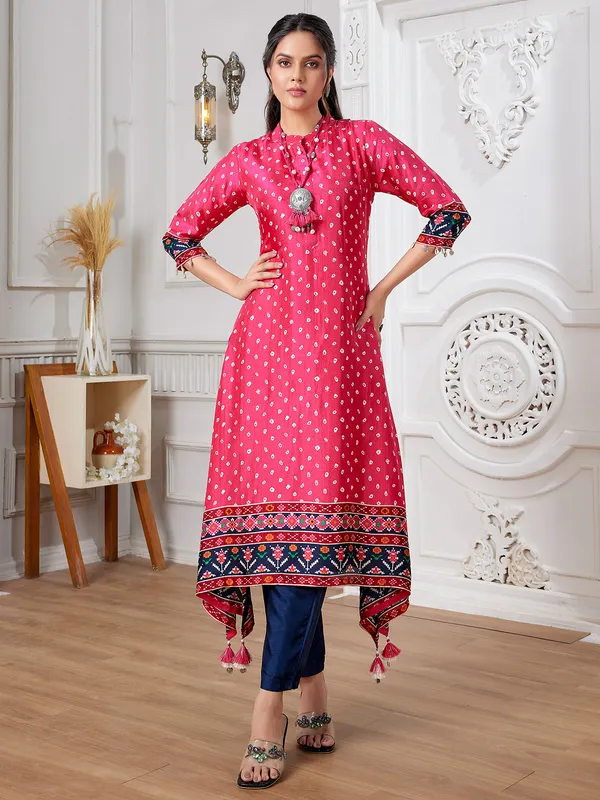 Latest rani color kurti set in russian silk