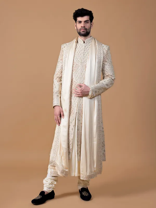 Latest raw silk light peach sherwani