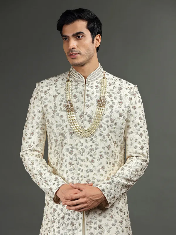 Latest raw silk white sherwani