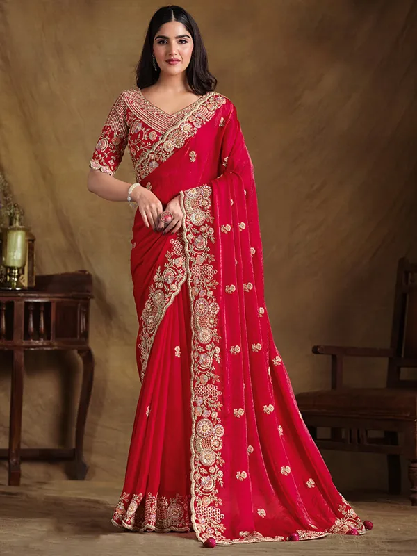 Latest red satin silk saree