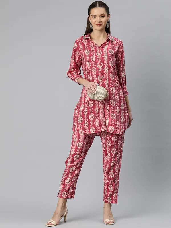 Latest red silk printed co-ord set