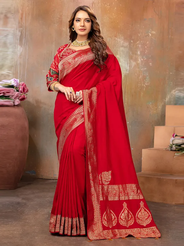 Latest red zari weaving saree for wedding