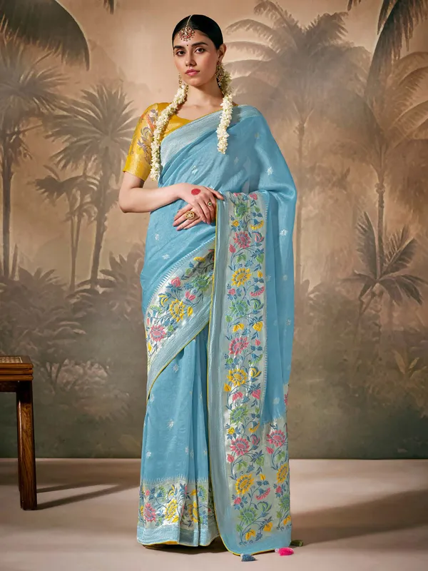 Latest sky blue banarasi silk saree