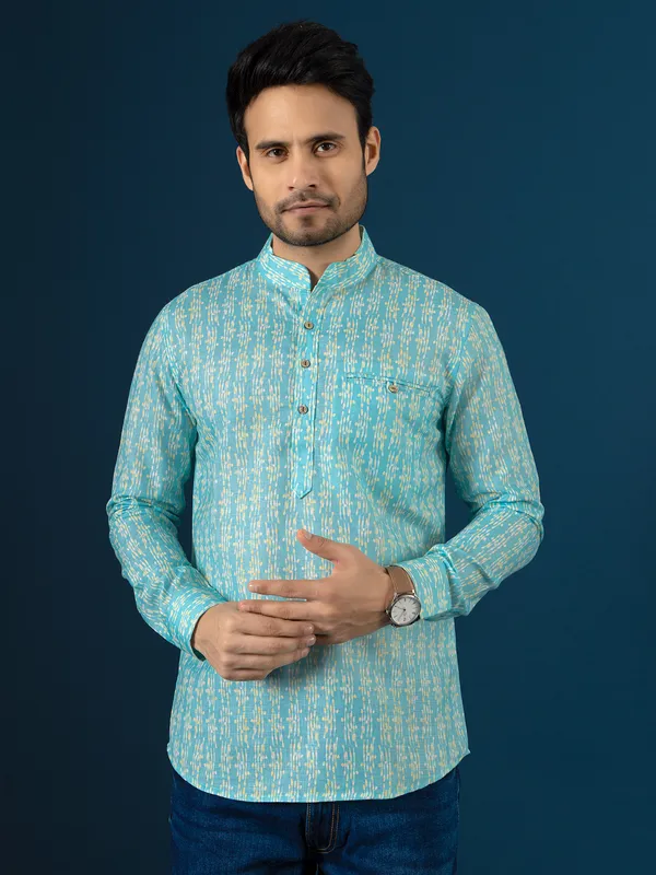 Latest sky blue printed kurta in cotton fabric