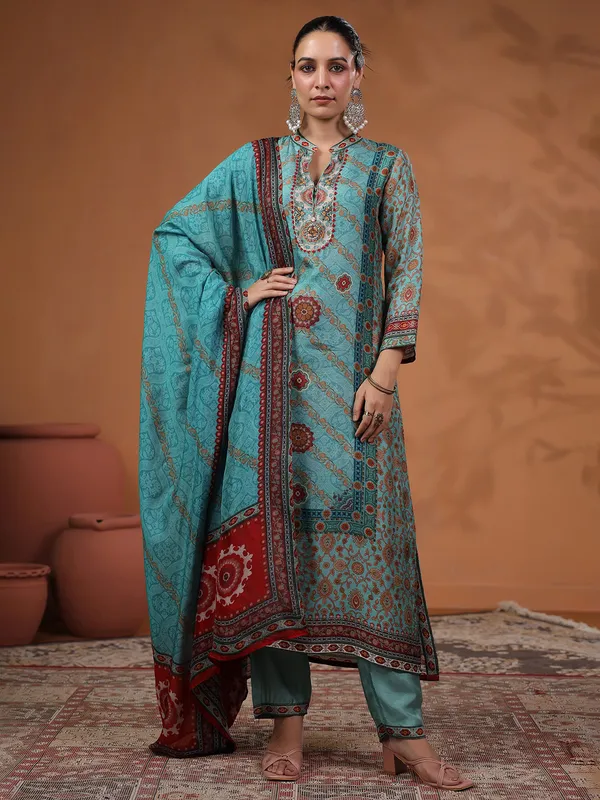 Latest sky blue printed kurti set for festive