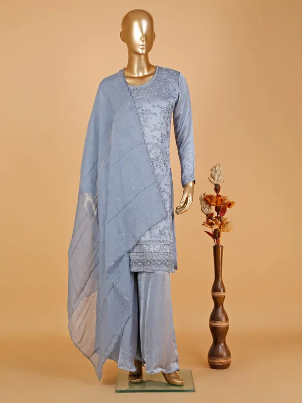 Latest stone blue palazzo suit in silk