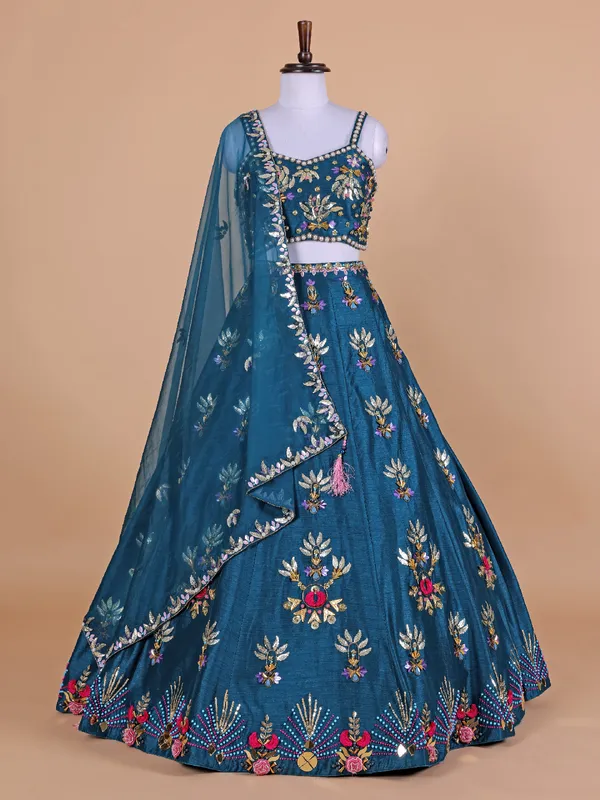 Latest teal blue raw silk lehenga choli