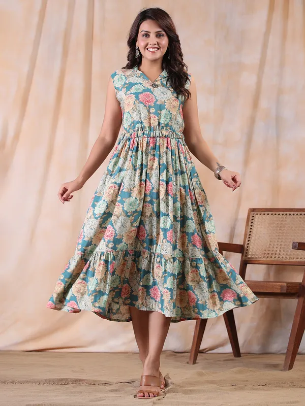 Latest turquoise blue printed cotton kurti