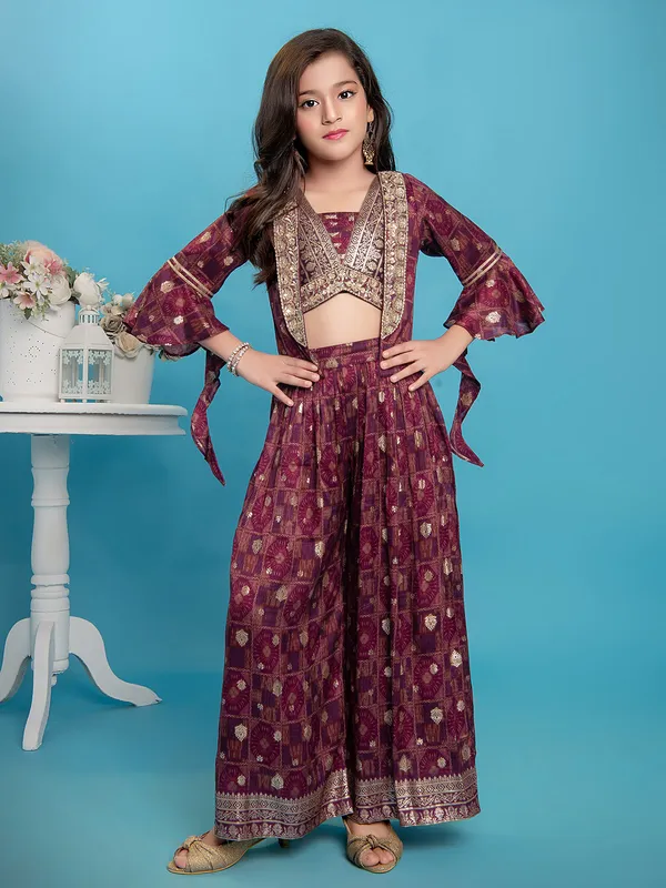 Latest wine silk zari weaving palazzo salwar suit