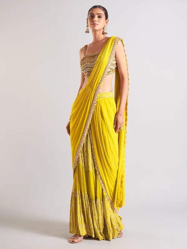 Latest yellow georgette ready to wear saree