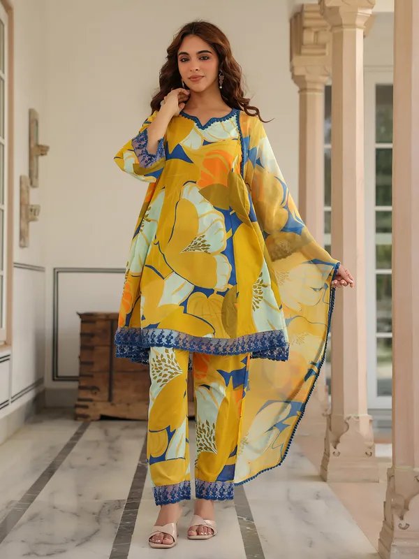 Latest yellow printed cotton kurti set