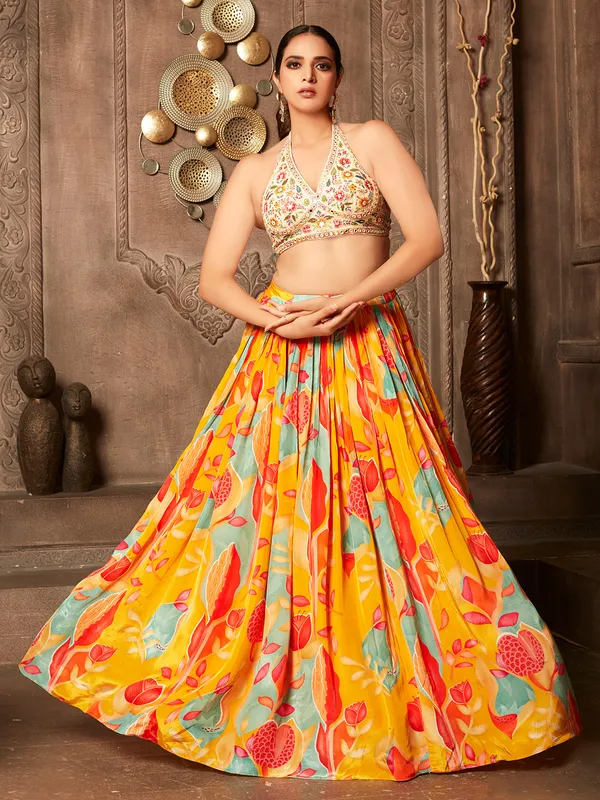 Latest yellow silk printed lehenga choli