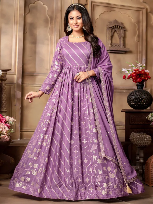 Lavender banarasi silk anarkali suit