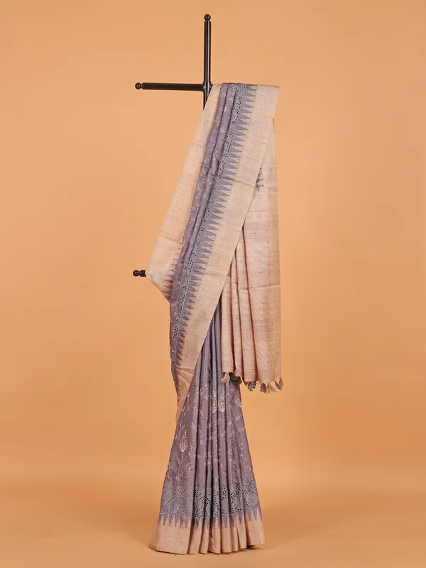 Lavender cotton silk saree with cutwork