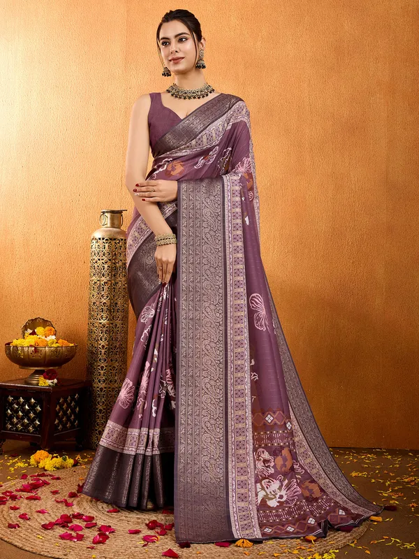 Lavender crepe silk saree in digital print