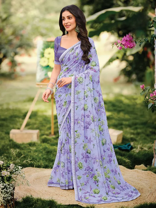 Lavender georgette printed saree for casual wear