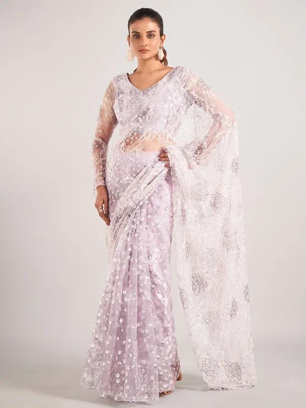 Lavender net saree for reception