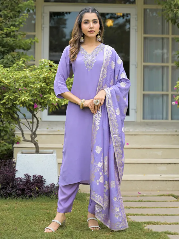 Lavender silk kurti set with zari detailing
