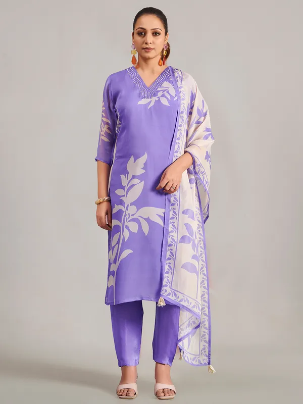 Lavender silk printed salwar suit