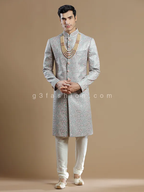 Lavish groom wear georgette sherwani in grey