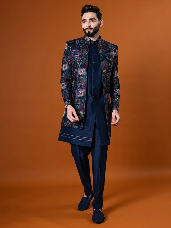 Lavish navy raw silk indo western for men