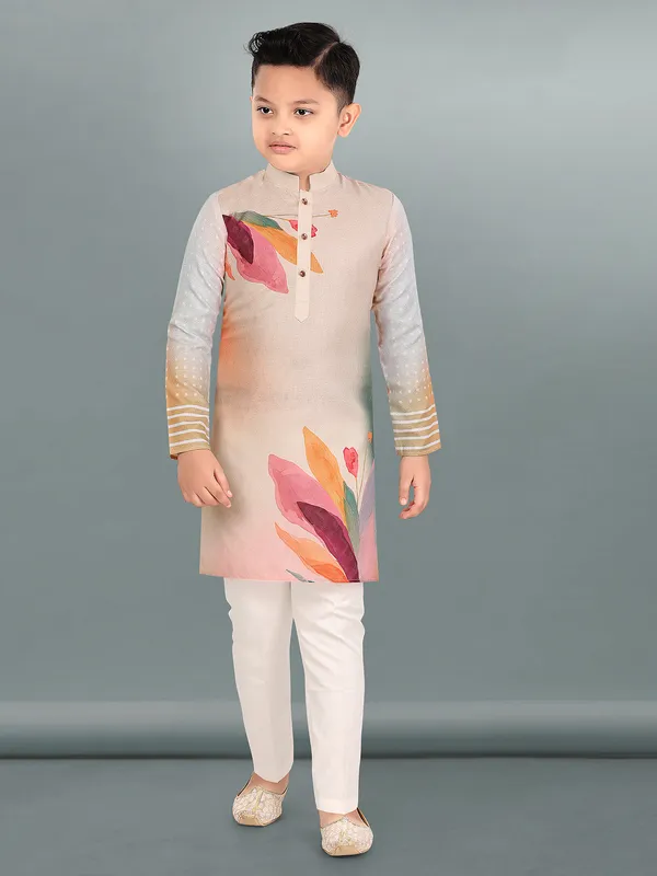Leaf printed cream cotton kurta suit for festival for boys