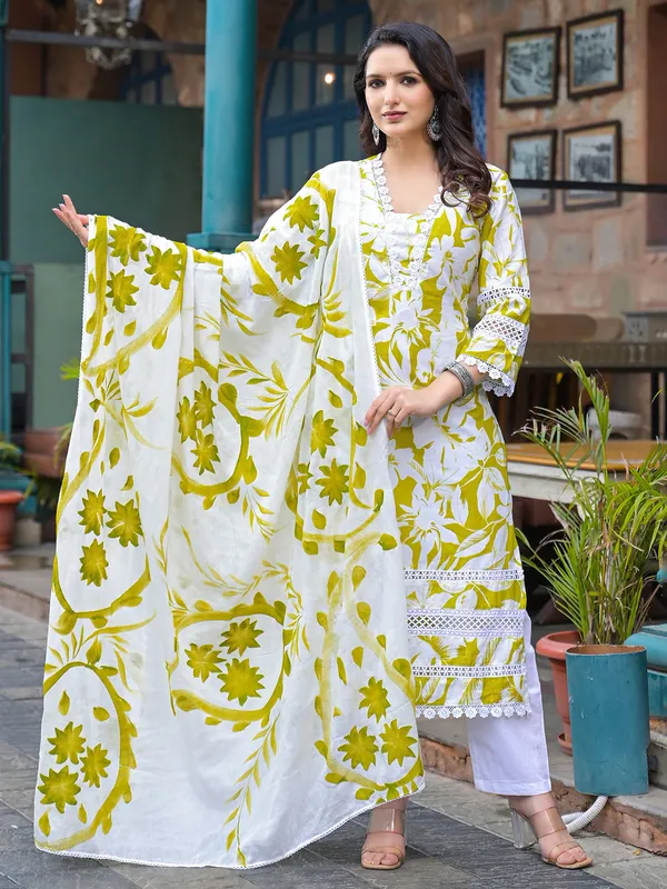 Lemon green cotton printed kurti set for women