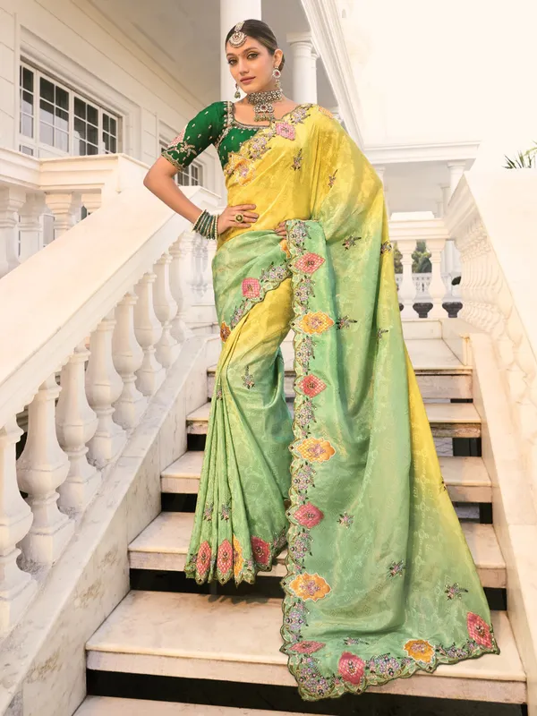Lemon green crape saree for festive glamour