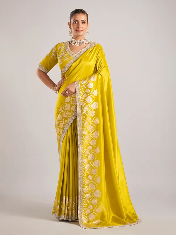 Lemon green pure dola silk saree with sequin work